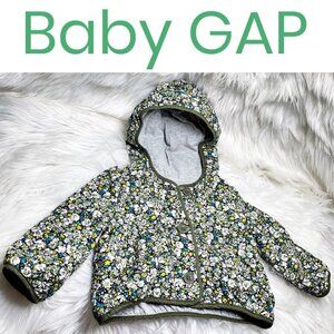 BABY GAP FLORAL HOODED QUILTED BOMBER PUFFER JACKET GREEN YELLOW, BABY‎ 6-12 MOS
